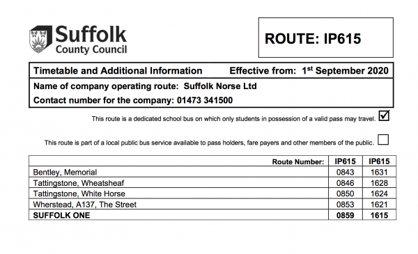 Bus timetable Bentley to Suffolk One